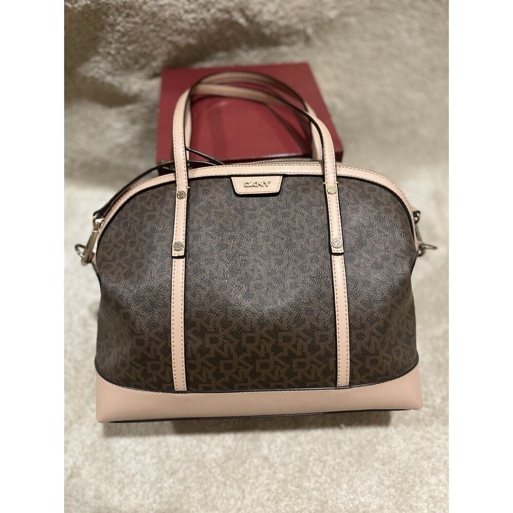 DKNY Brown Logo Pattern Satchel Top Handle Bag Pink Trim Double Handles Zip